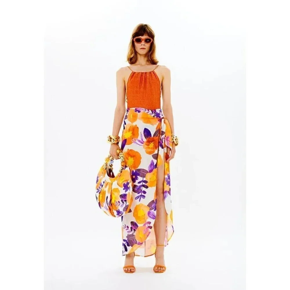 Raisa Vanessa Slit Detail Floral Skirt in Yellow & Purple 36 2-4 New Womens Maxi